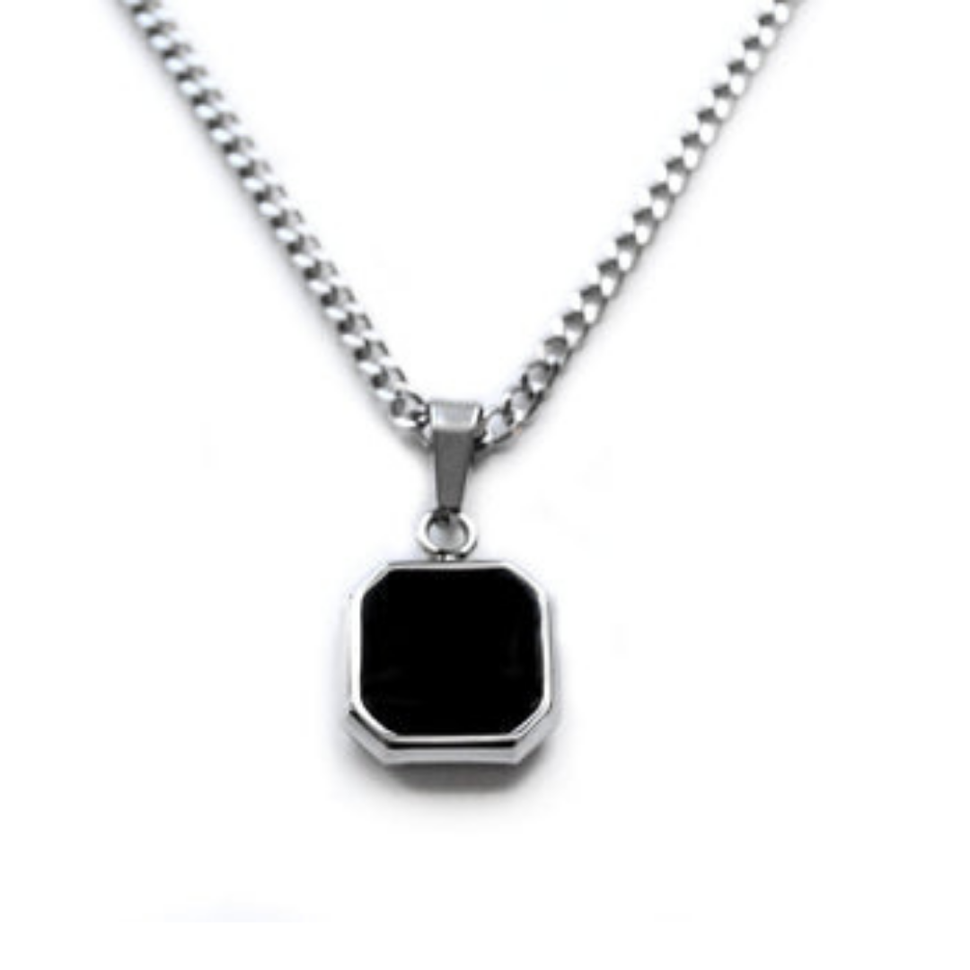 Refined Black Square Silver Edge Pendant With Chain For Men