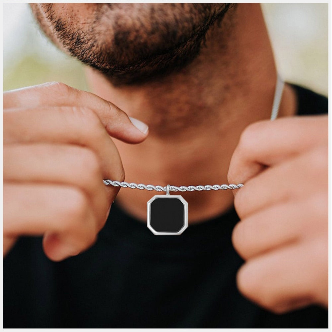 Refined Black Square Silver Edge Pendant With Chain For Men