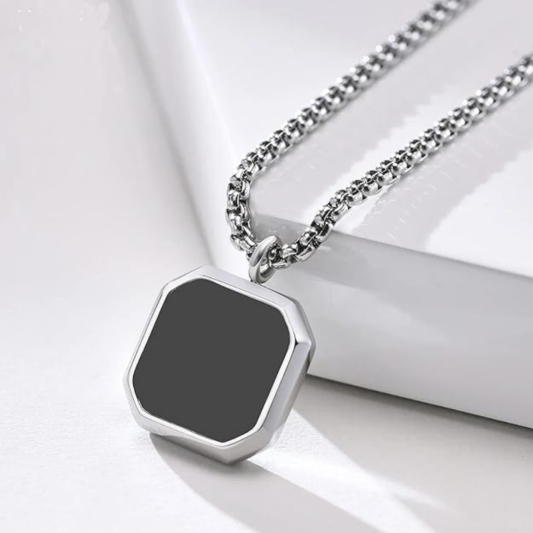 Refined Black Square Silver Edge Pendant With Chain For Men