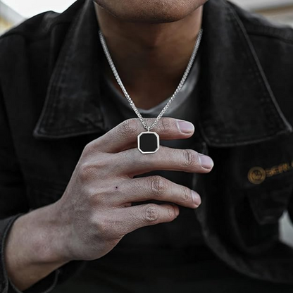 Refined Black Square Silver Edge Pendant With Chain For Men