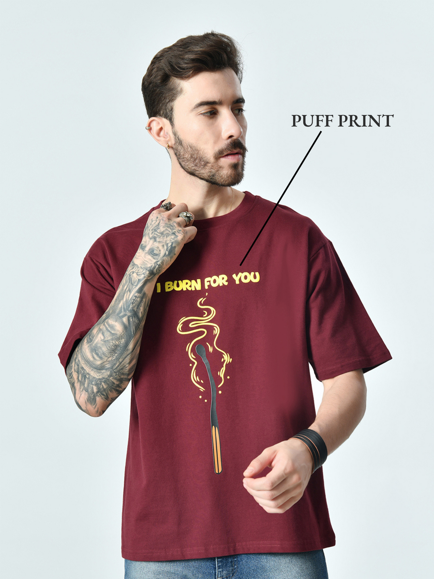 I Burn For You Puff Printed Burgundy Unisex Oversized T-Shirt