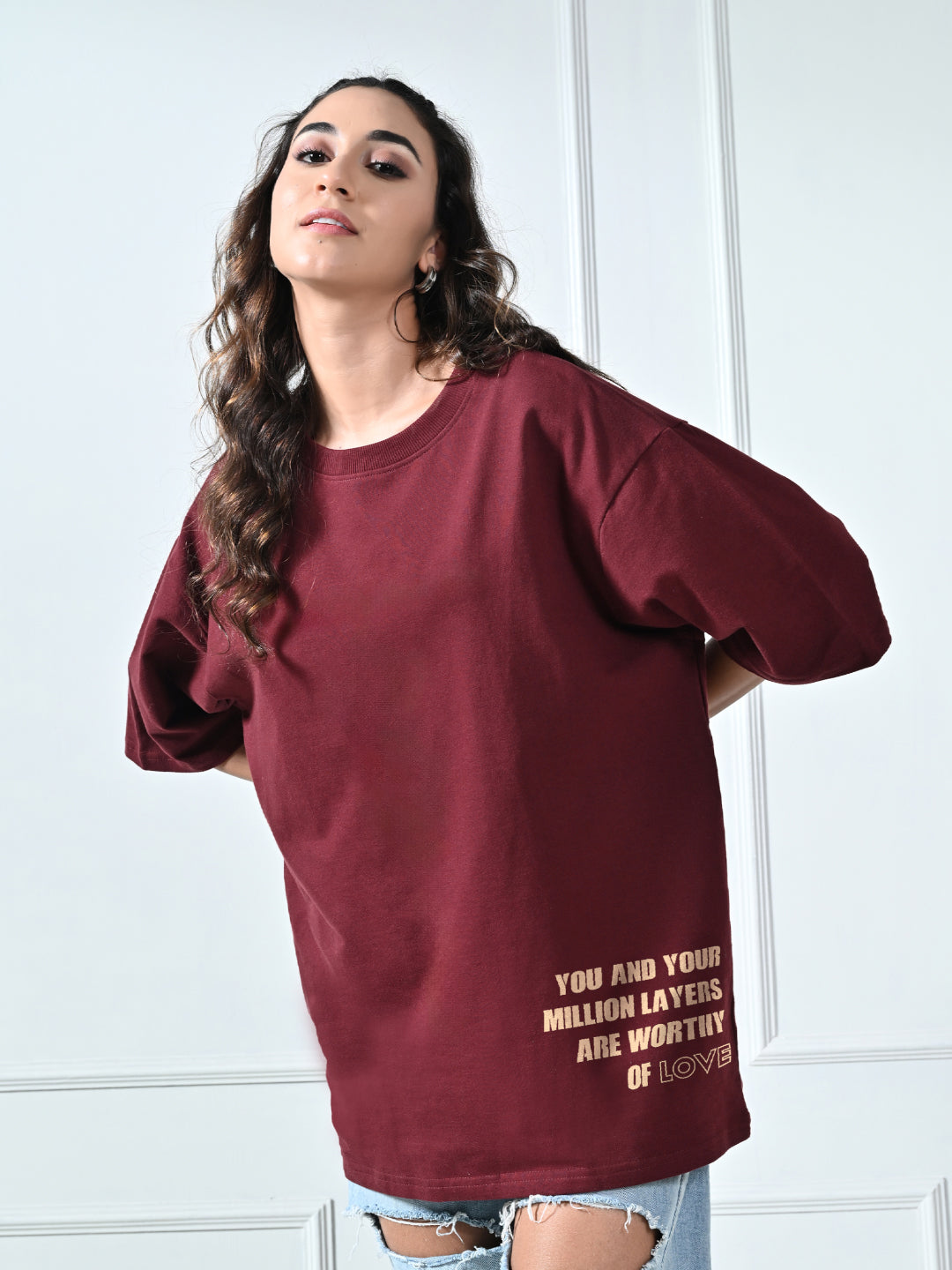 Worthy Of Love Burgundy Unisex Oversized T-Shirt