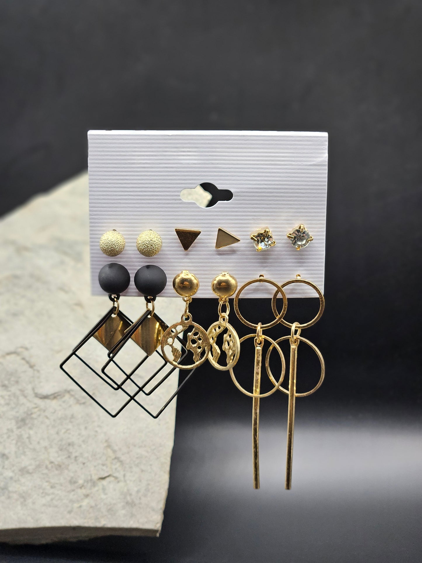 Black & Gold Chic Earrings (Set of 6) for Women