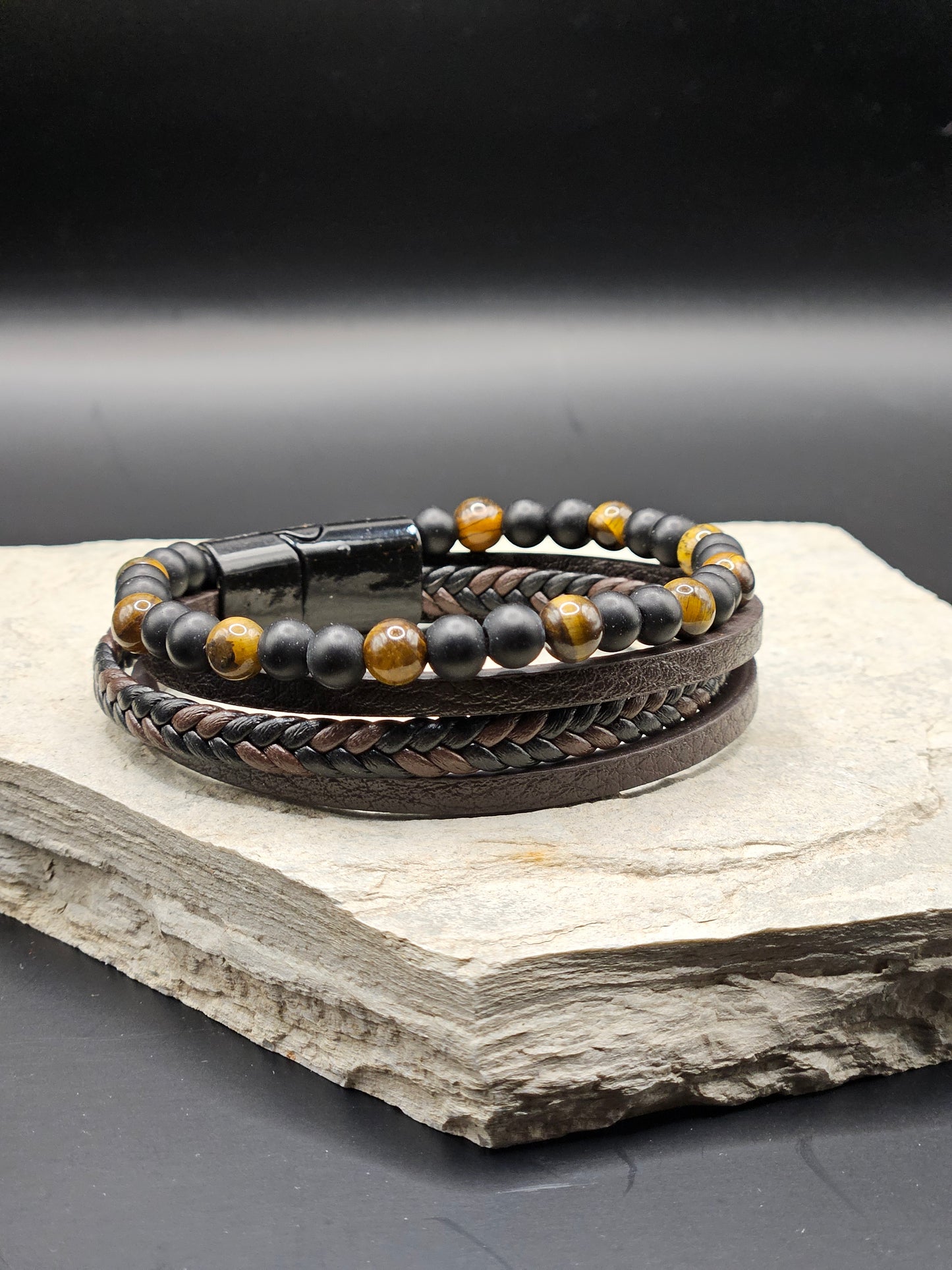 Brown & Black Beads Quad-Layered Bracelet For Men