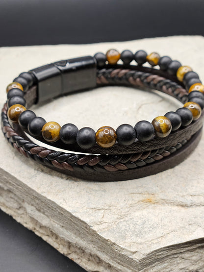 Brown & Black Beads Quad-Layered Bracelet For Men