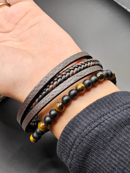 Brown & Black Beads Quad-Layered Bracelet For Men