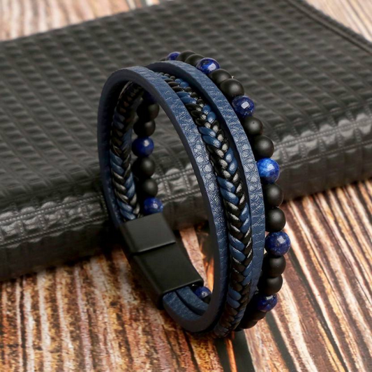 Blue & Black Beads Quad-Layered Bracelet For Men