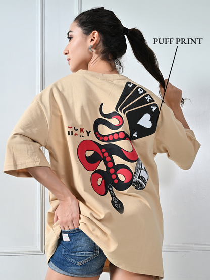 Life Is A Gamble Puff Printed Beige Unisex Oversized T-Shirt