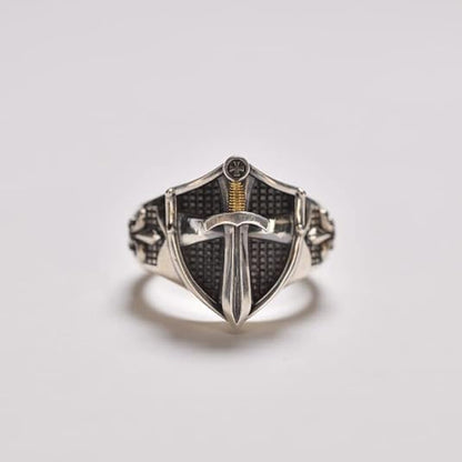 Adjustable Cross Shield Ring with Sword Accent for Men