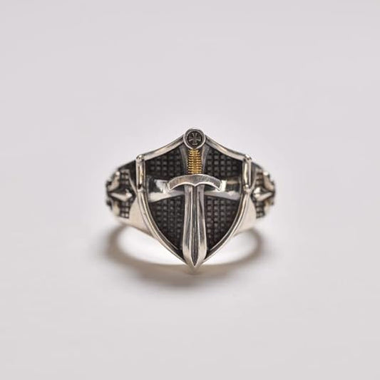 Adjustable Cross Shield Ring with Sword Accent for Men