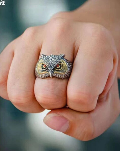 Silver-Polished Owl Face Adjustable Ring for Men and Women