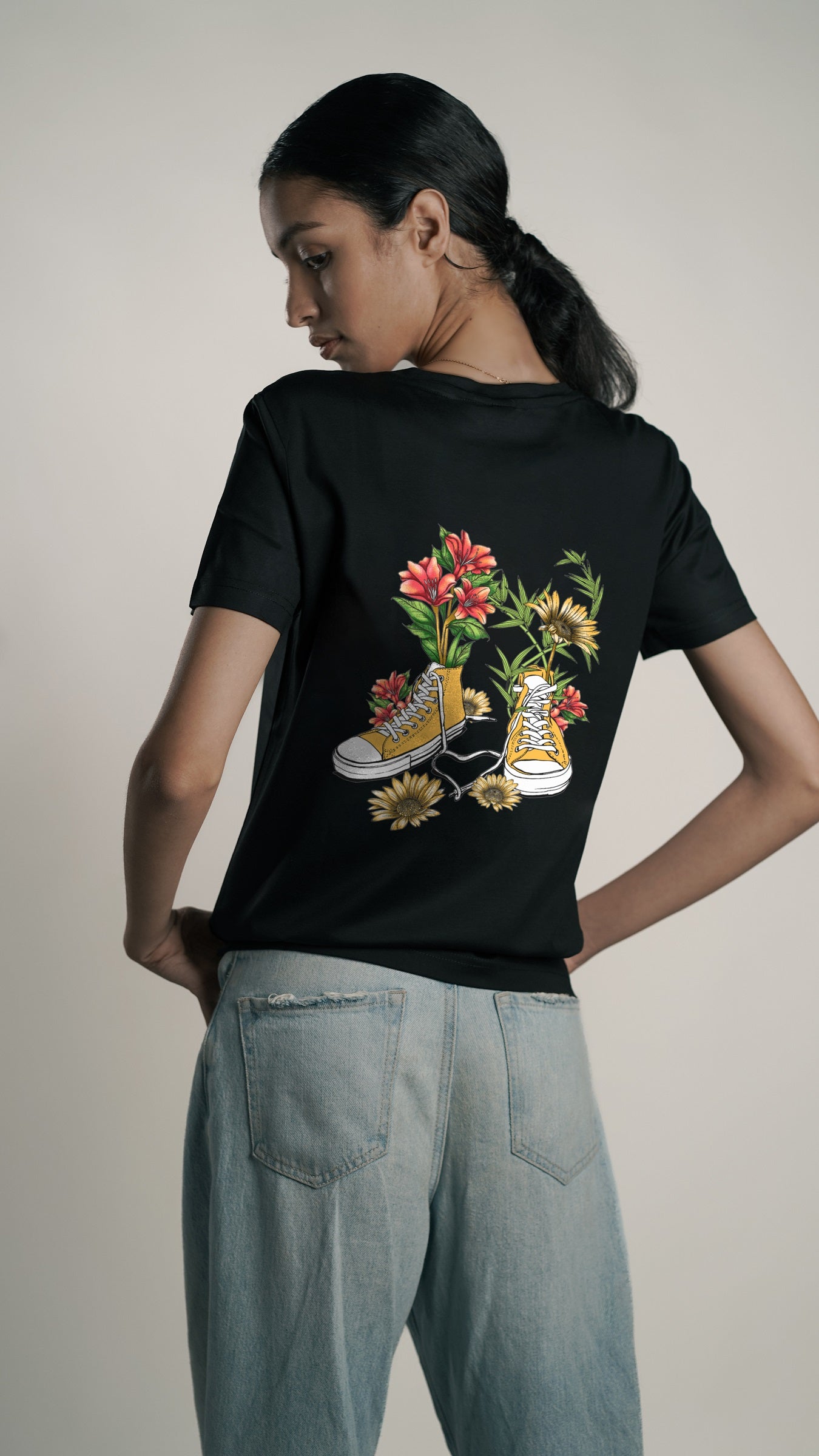 Floral Footsteps Black Women's T-shirt
