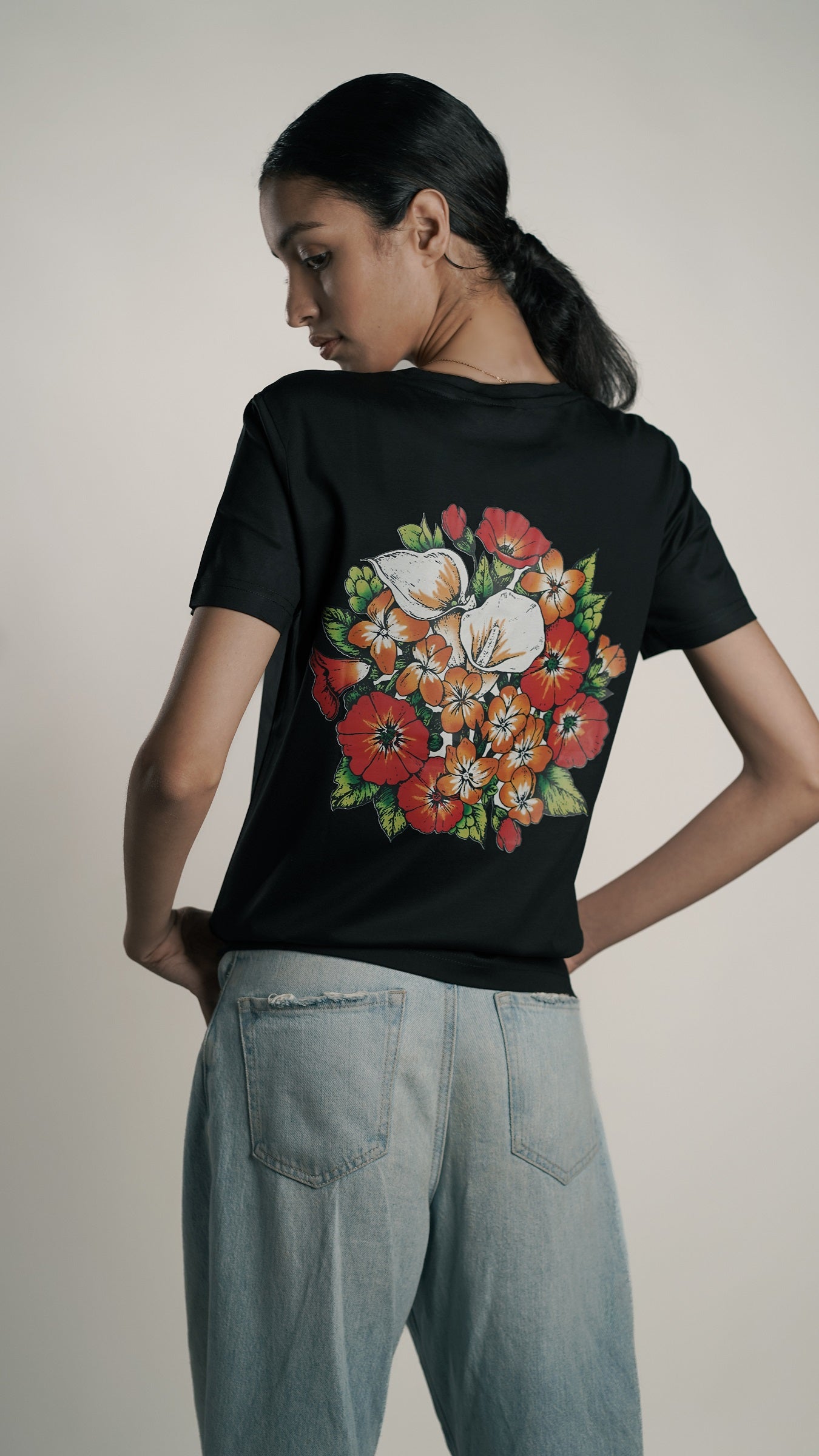 Floral Fusion Burst 1 Black Women's T-shirt