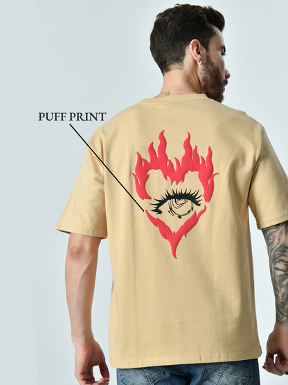 Heart Burns Puff Printed Beige Unisex Oversized T-Shirt