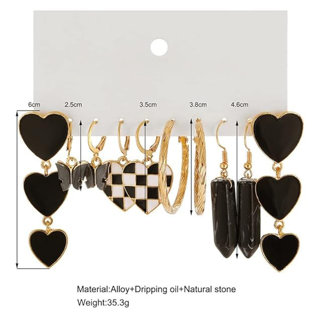 Gold-Polished Black Heart Chess Earrings for Women