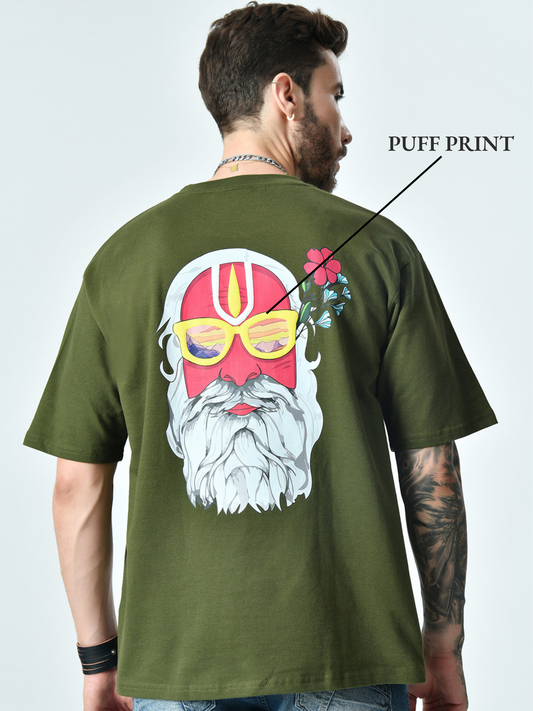 Out Of Loop Puff Printed Olive Unisex Oversized T-Shirt