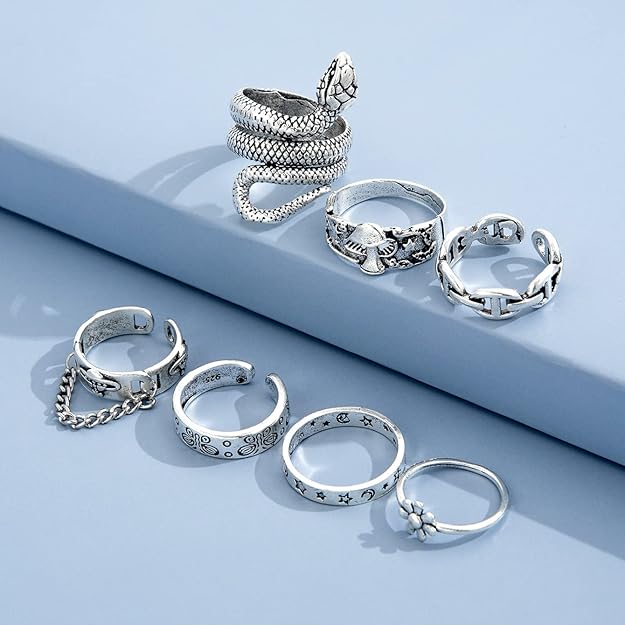 Boho Chic Set of 7 Silver-Polished Rings for Women