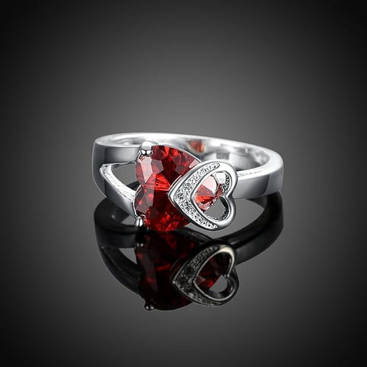 Rhodium-Polished Silver Ring with Red Crystal for Men and Women