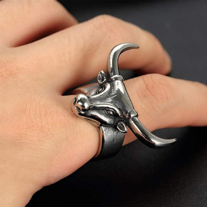 Silver-Polished Bull Horn Ring for Men