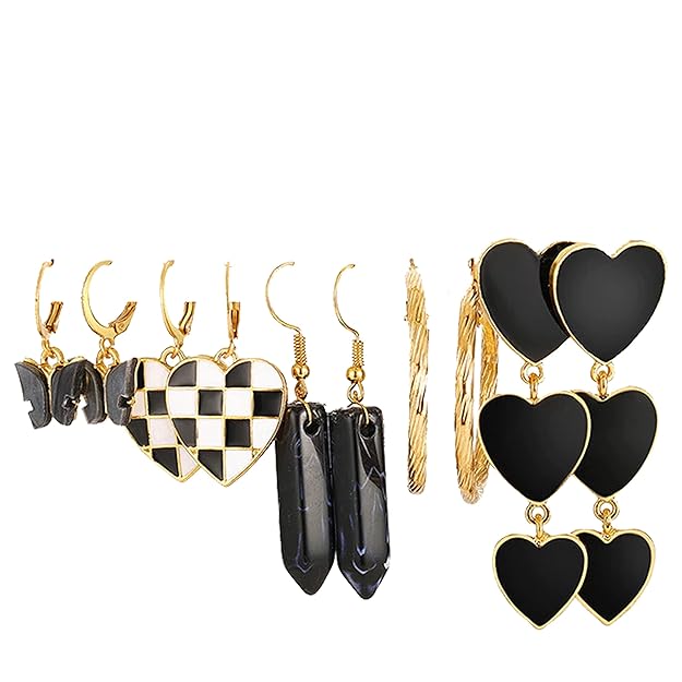 Gold-Polished Black Heart Chess Earrings for Women