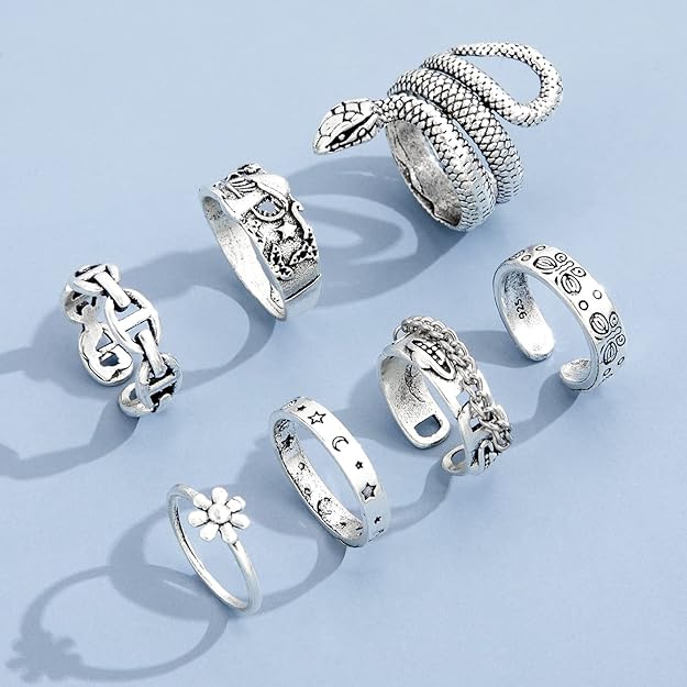 Boho Chic Set of 7 Silver-Polished Rings for Women