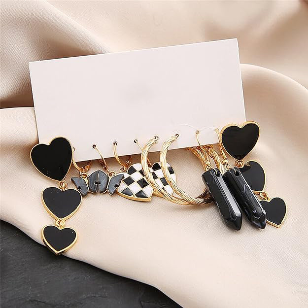 Gold-Polished Black Heart Chess Earrings for Women