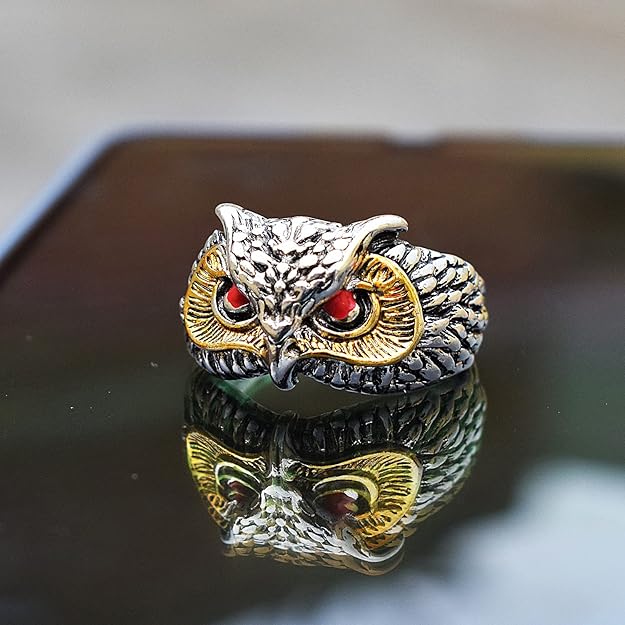 Silver-Polished Owl Face Adjustable Ring for Men and Women