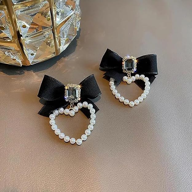 Princess Pearl Heart Bow Dangle Earrings for Women