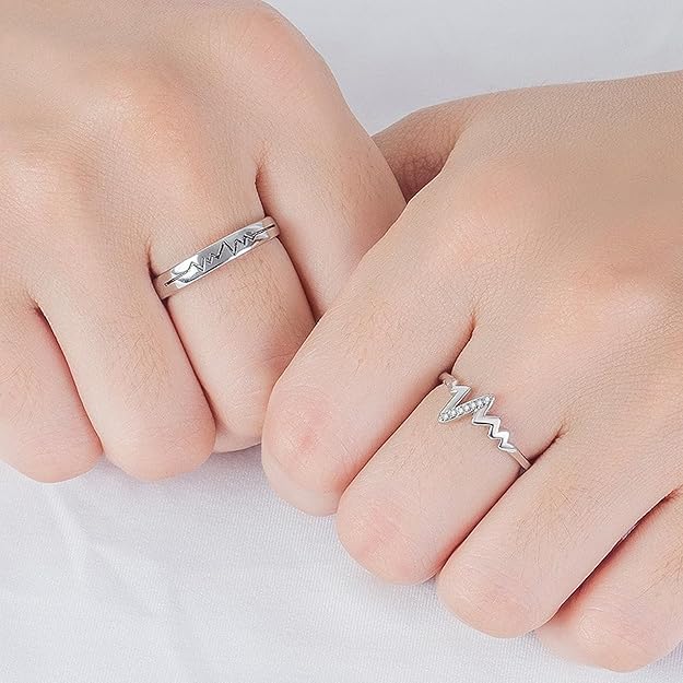 Heartbeat Adjustable Couple Rings - Silver-Polished for Men and Women