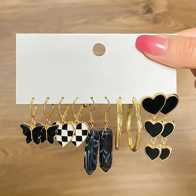 Gold-Polished Black Heart Chess Earrings for Women