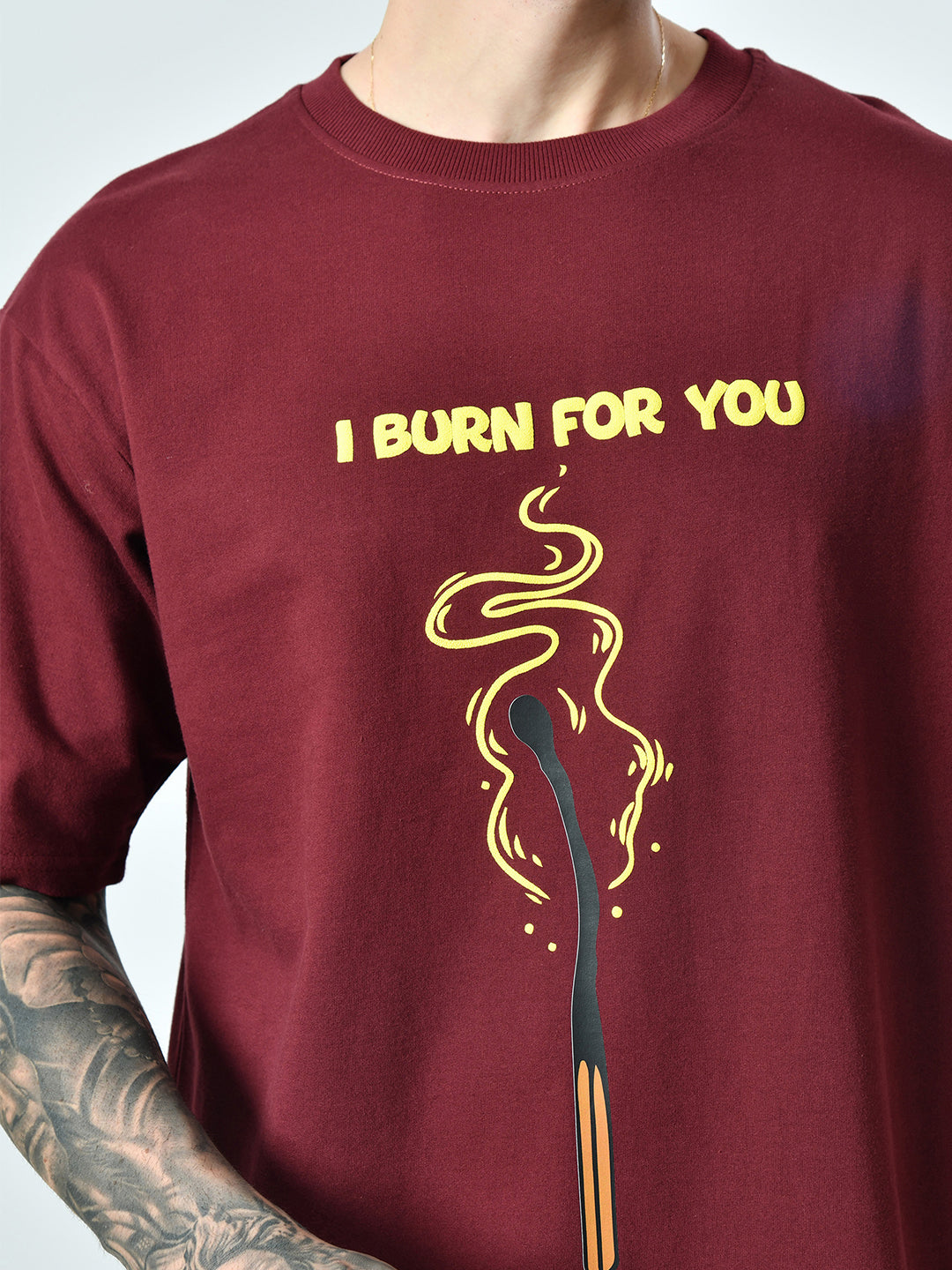 I Burn For You Puff Printed Burgundy Unisex Oversized T-Shirt