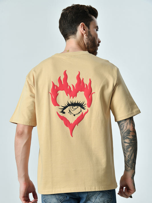 Heart Burns Puff Printed Beige Unisex Oversized T-Shirt