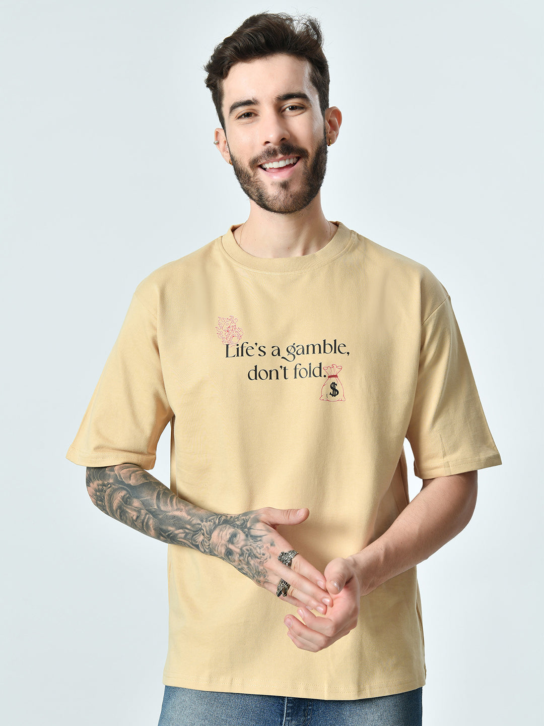 Life Is A Gamble Puff Printed Beige Unisex Oversized T-Shirt