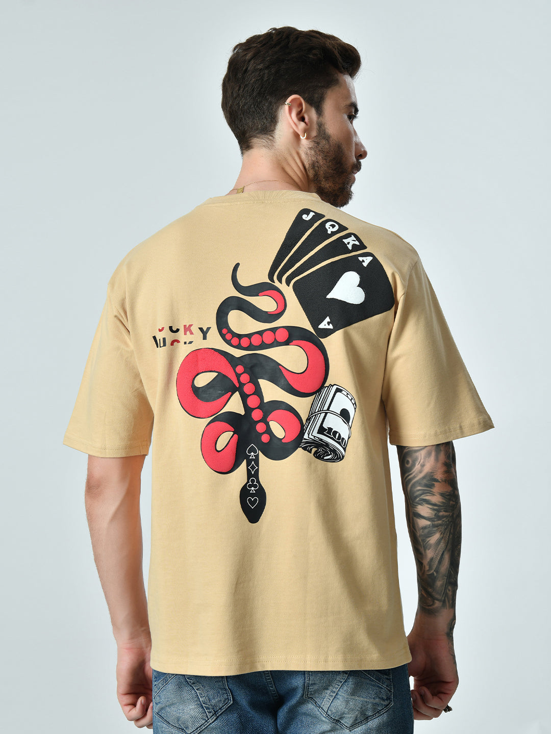 Life Is A Gamble Puff Printed Beige Unisex Oversized T-Shirt