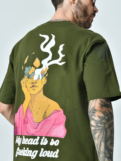 Head Loud Puff Printed Olive Unisex Oversized T-Shirt