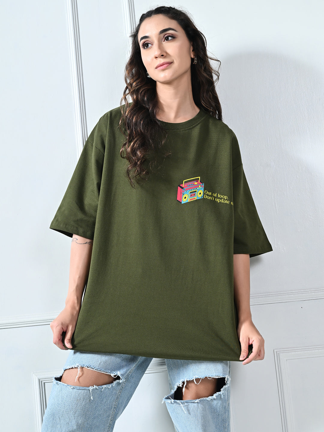 Out Of Loop Puff Printed Olive Unisex Oversized T-Shirt