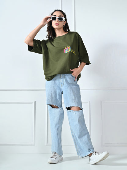 Out Of Loop Puff Printed Olive Unisex Oversized T-Shirt