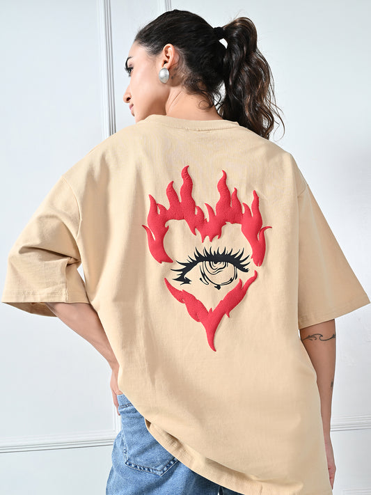 Heart Burns Puff Printed Beige Unisex Oversized T-Shirt