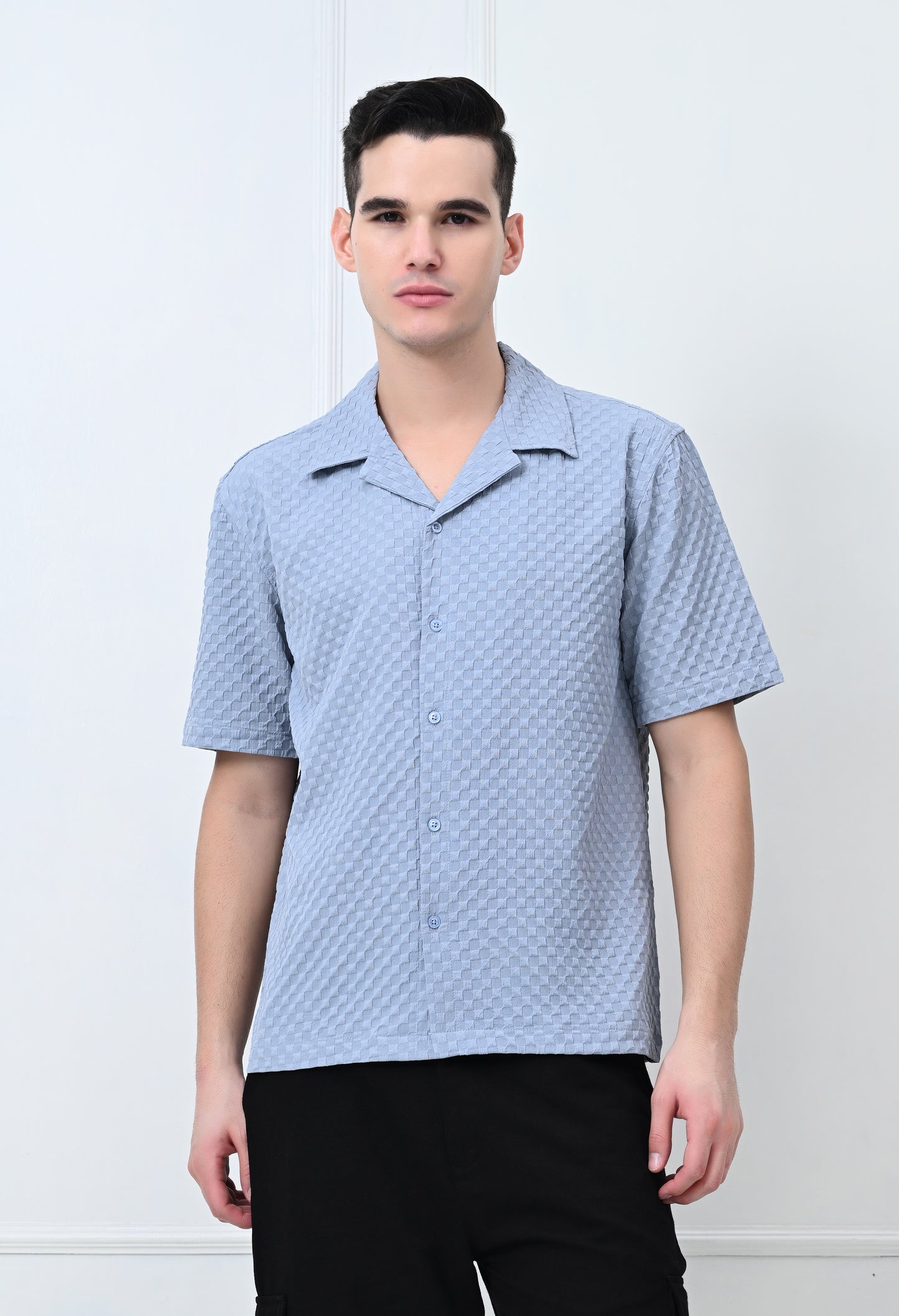 Men's Grey Pattern Regular Fit Half Sleeve Shirt