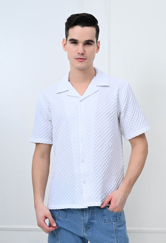 Men's White Pattern Regular Fit Half Sleeve Shirt