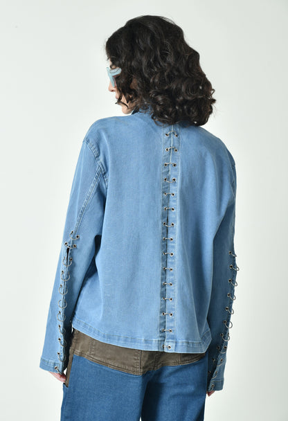 Spring Ring Sky Blue Jacket With Zipper For Women