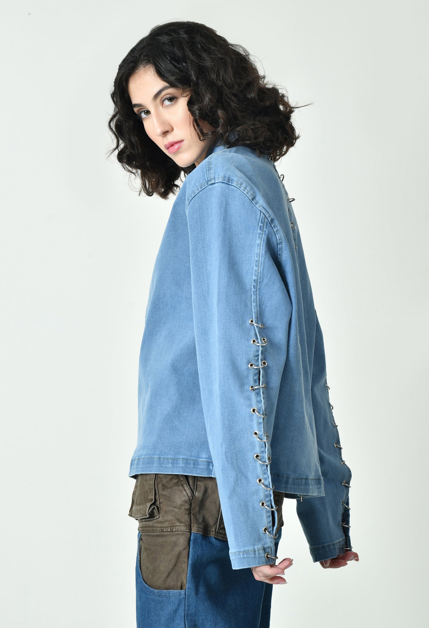 Spring Ring Sky Blue Jacket With Zipper For Women