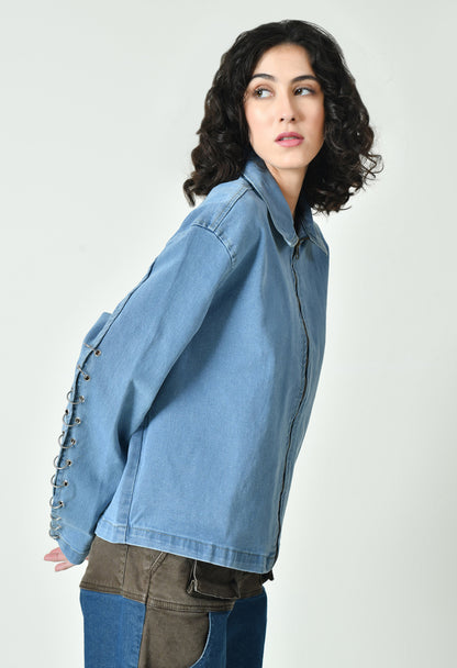 Spring Ring Sky Blue Jacket With Zipper For Women