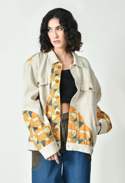 Patch Work Beige Jacket For Women