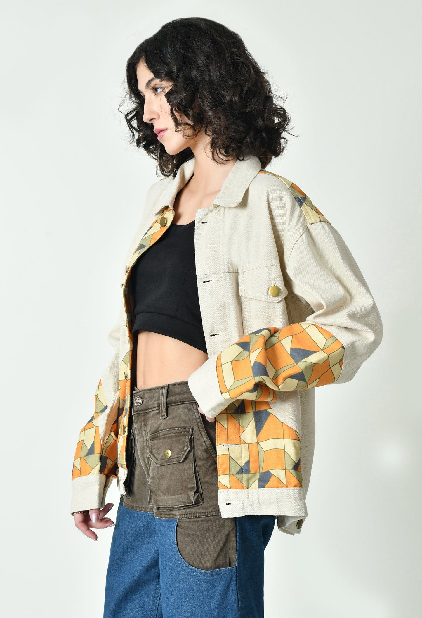 Patch Work Beige Jacket For Women