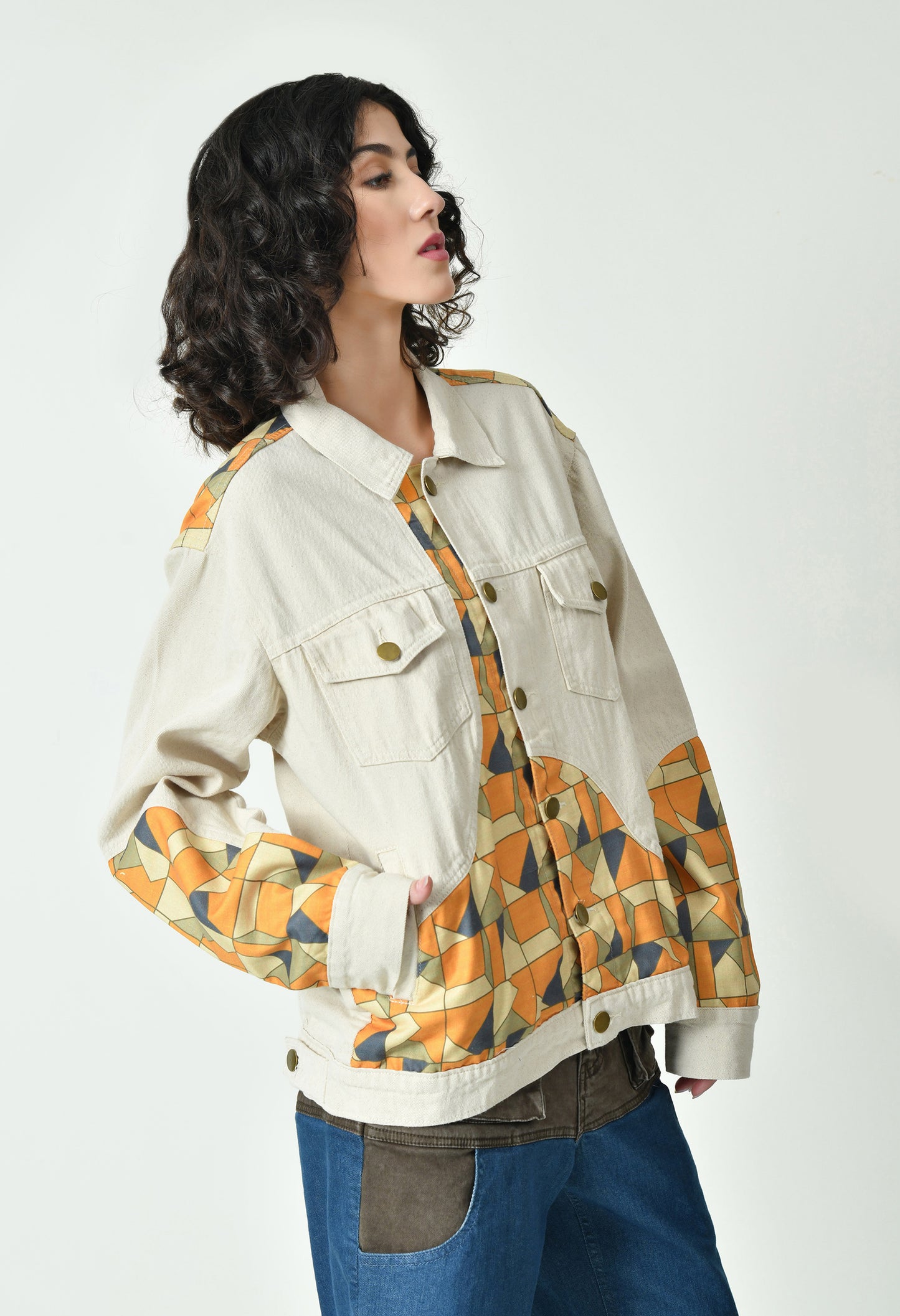 Patch Work Beige Jacket For Women