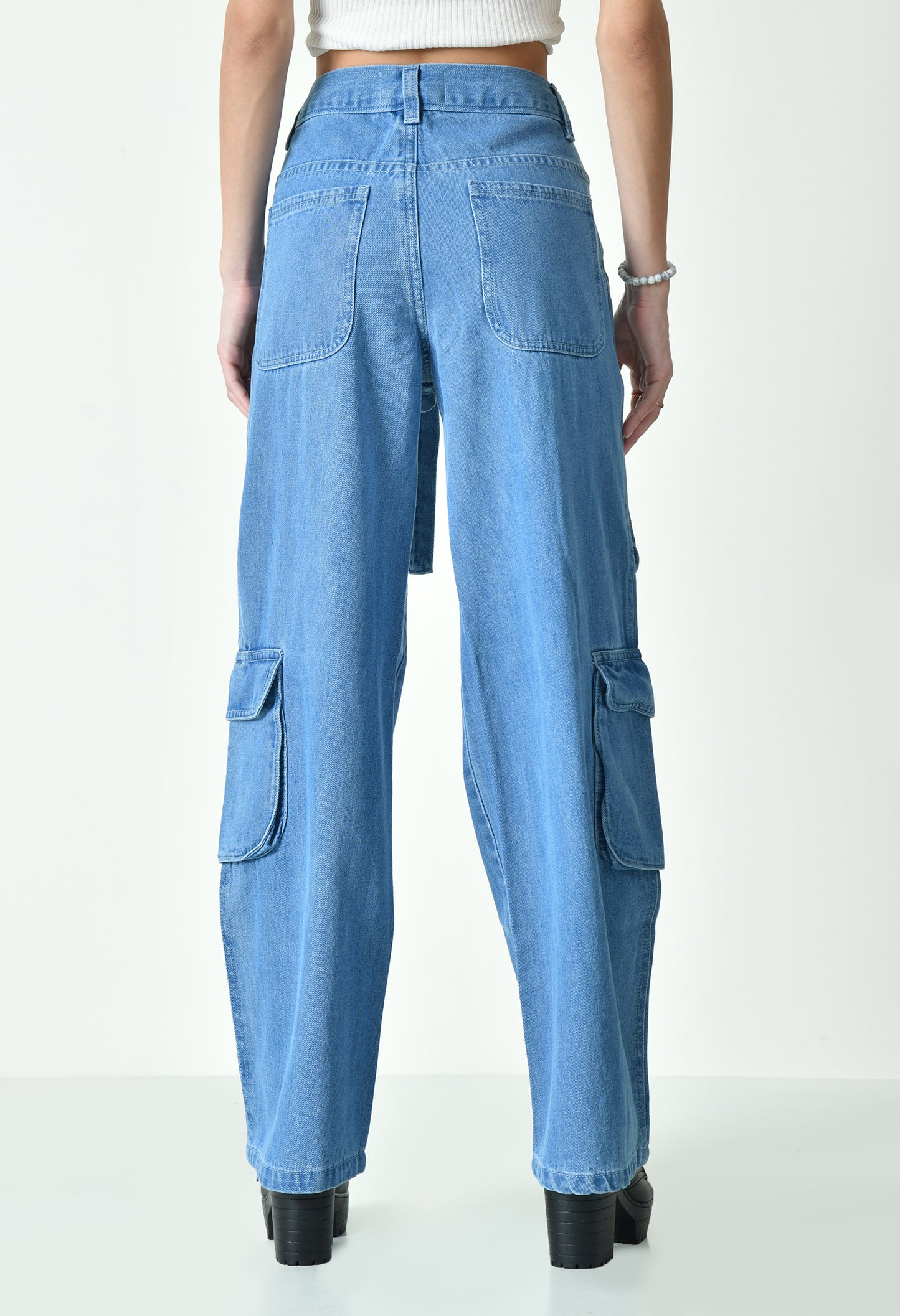 Blue Drift Denim Cargo With Drawstring Belt For Women