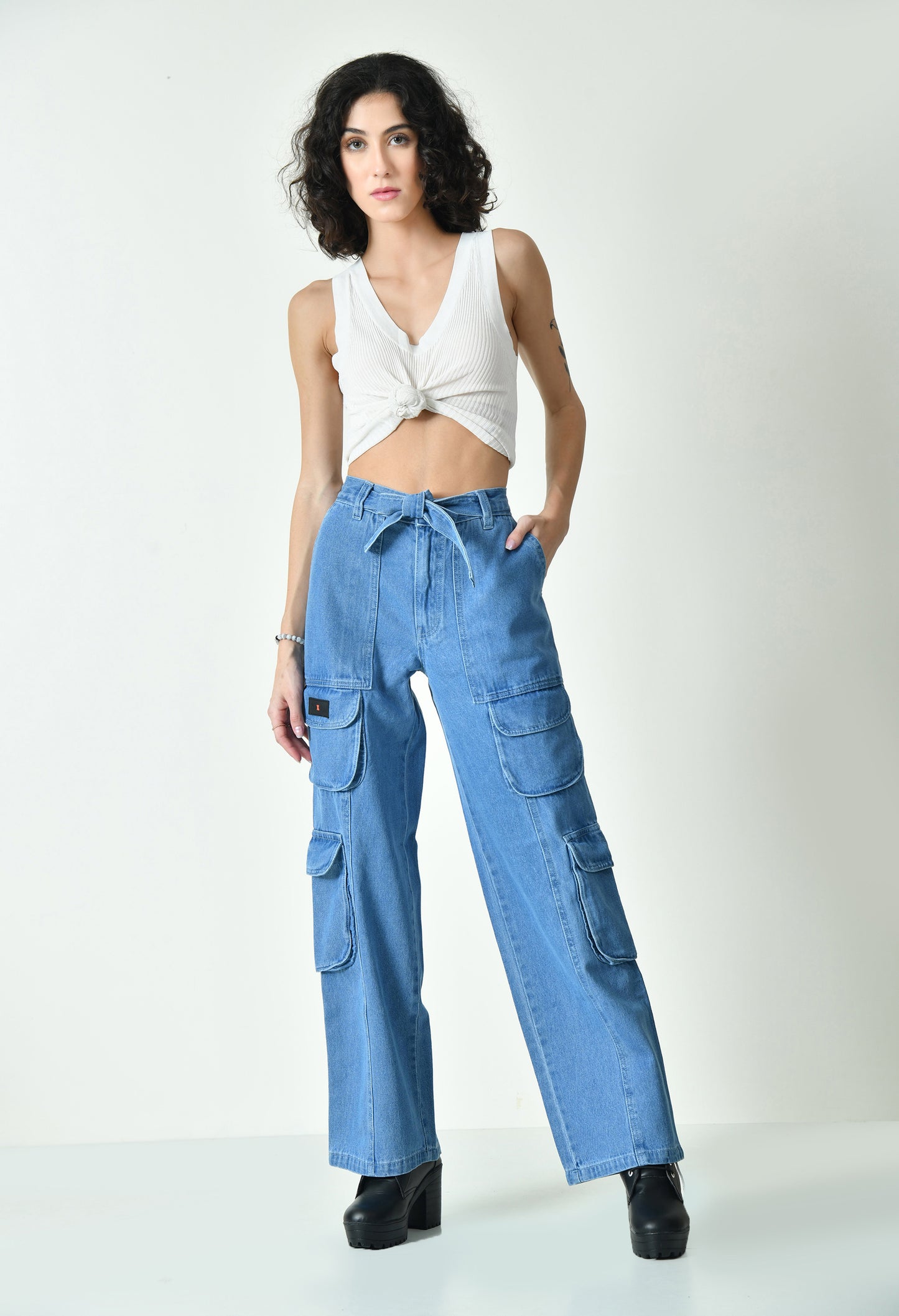 Blue Drift Denim Cargo With Drawstring Belt For Women