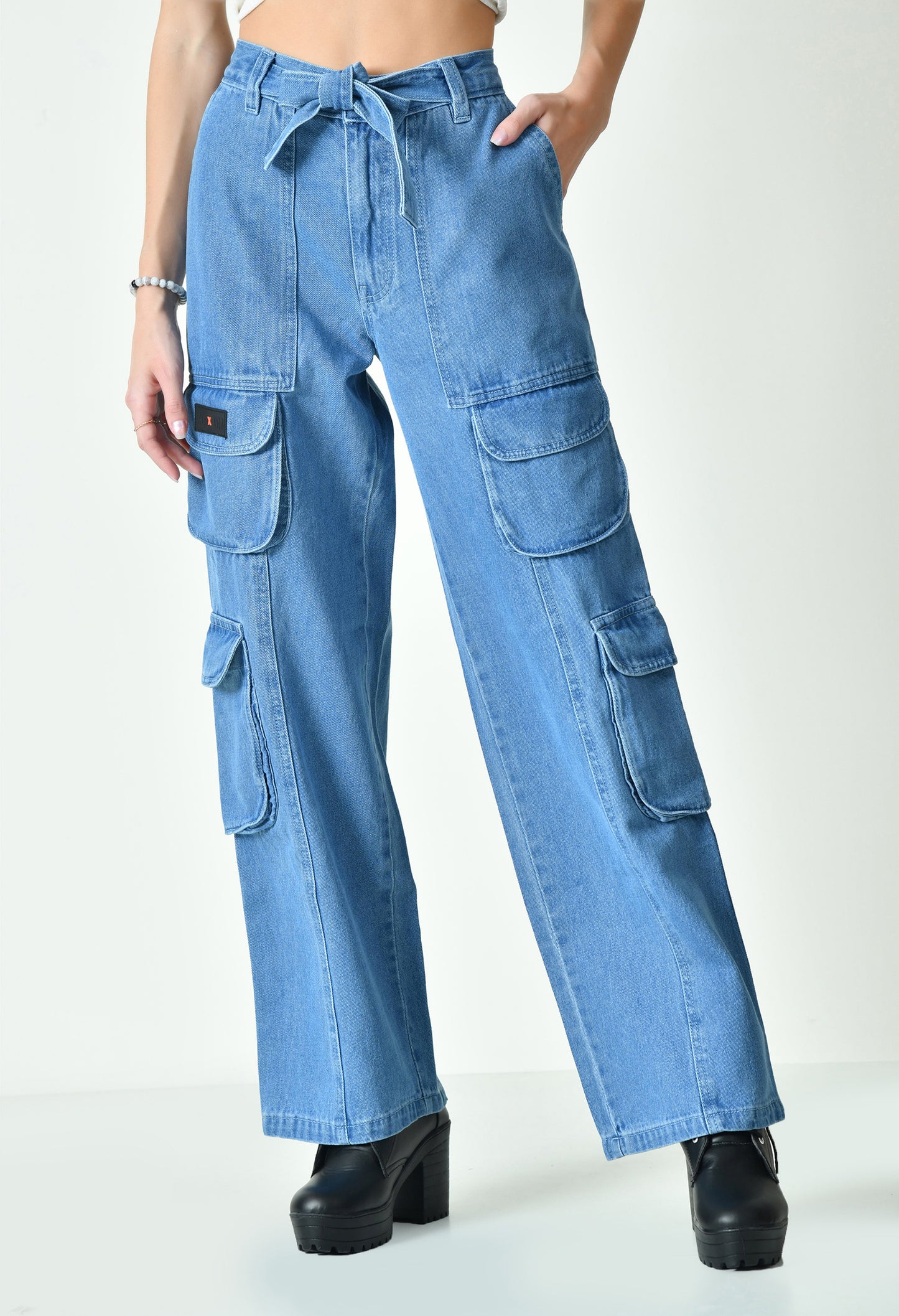 Blue Drift Denim Cargo With Drawstring Belt For Women