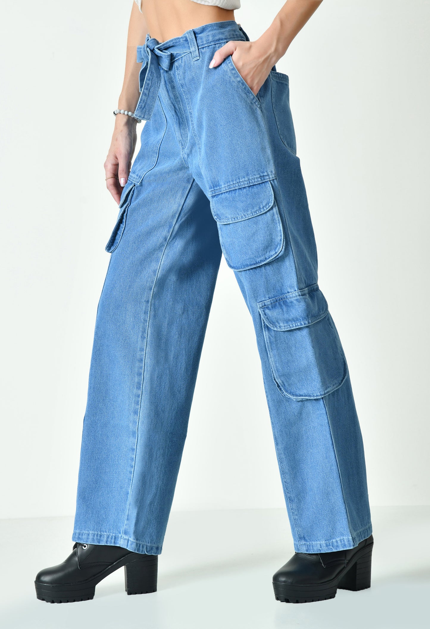 Blue Drift Denim Cargo With Drawstring Belt For Women